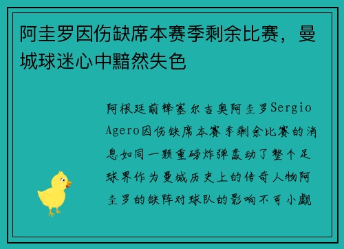 阿圭罗因伤缺席本赛季剩余比赛，曼城球迷心中黯然失色